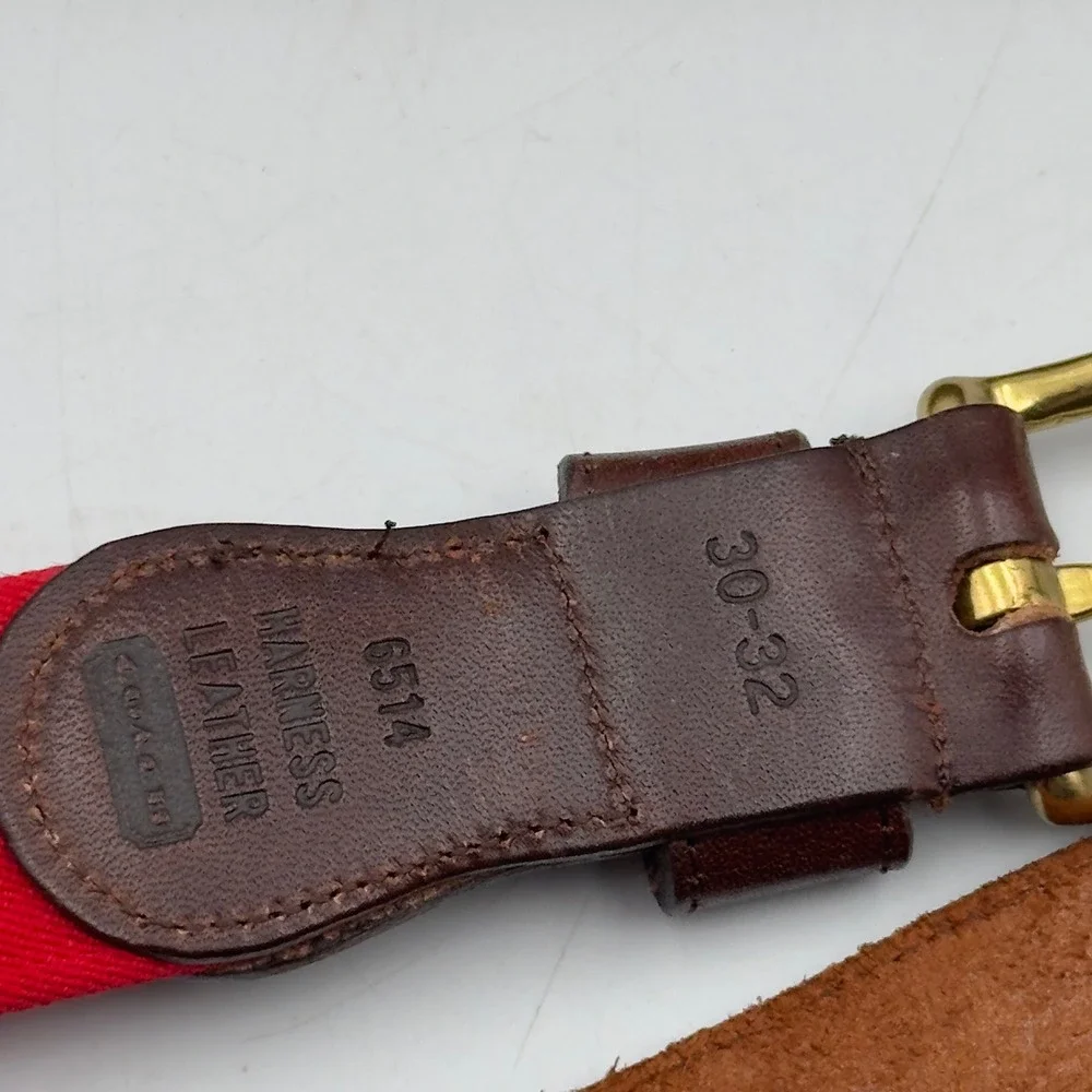 Vintage Belt Red Stretch Canvas Leather Brass Buckle 30-32 Preppy Equestrian